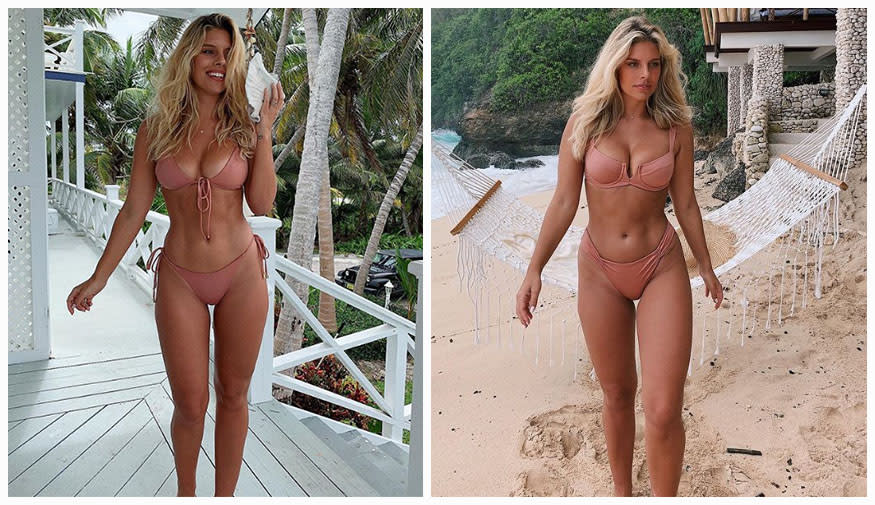 A Bikini A Day blogger Tash Oakley pictured in two nude coloured bikinis