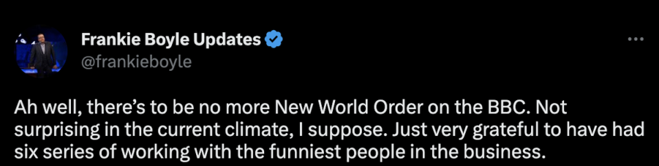 Frankie Boyle reacts to BBC’s cancellation of ‘New World Order’ (Twitter)
