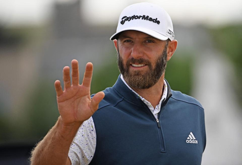 Dustin Johnson gestures during a practice round for The 150th British Open Golf Championship on The Old Course at St Andrews on Wednesday.