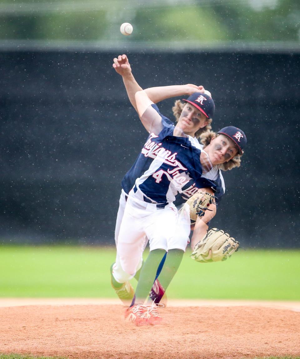 A multiple exposure shows Kennedy's Andrew Cuff (4) throwing a pitch during the OSAA 2A/1A state championship against Umpqua Valley Christian on Friday, June 3, 2022, at Volcanoes Stadium in Keizer, Ore.
