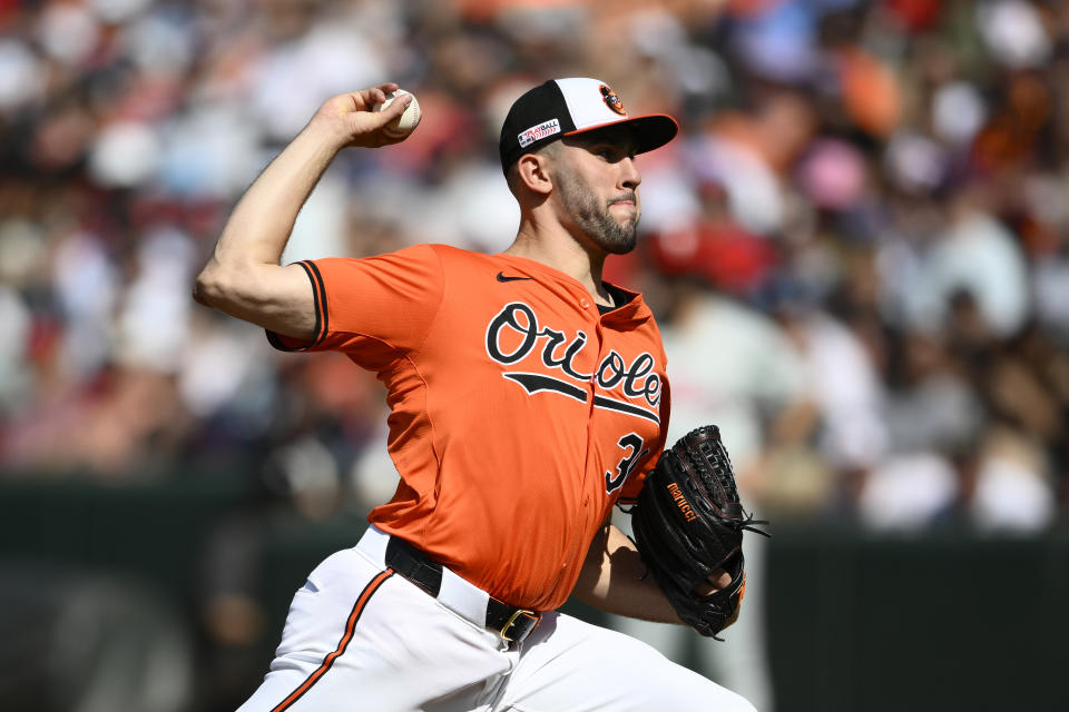 Baltimore Orioles starting pitcher Grayson Rodriguez throws during the second inning of a baseball game against the Philadelphia Phillies, Saturday, June 15, 2024, in Baltimore. (AP Photo/Nick Wass)