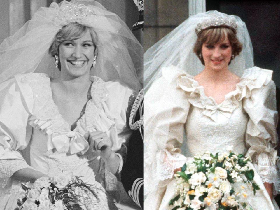 caroline bliss in black and white wearing a wedding dress; princess diana wearing her wedding dress and holding flowers