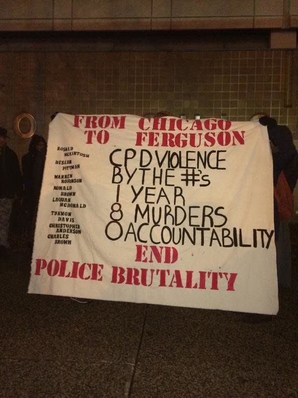 In this photo from Instagram user, MinkuMedia, people protest in Chicago on Mon. Nov, 24, 2014.