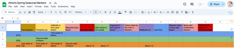 a spreadsheet with colorful boxes