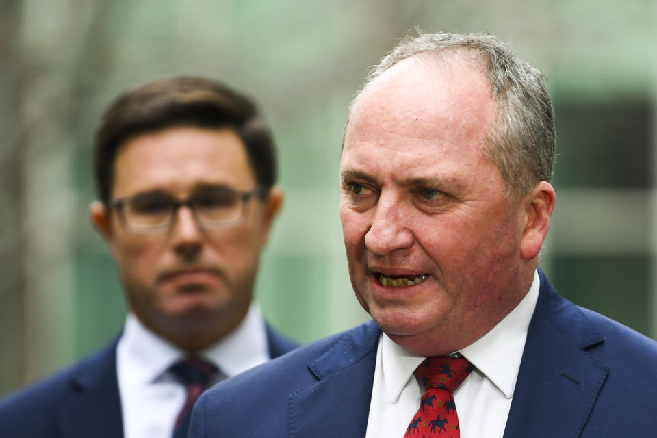 Newly-elected Nationals Leader Barnaby Joyce speaks to the media during a press conference at Parliament House in Canberra, Australia, Monday, June 21, 2021. Australian Prime Minister Scott Morrison will soon announce changes to his Cabinet after a scandal-tarnished colleague was elevated to deputy prime minister. (Lukas Coch/AAP Image via AP)