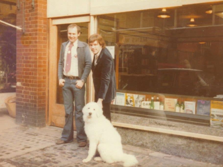 Peter Dorey (left) and Ernest Hole outside the shop on its opening day in 1979 (Gay’s the Word)