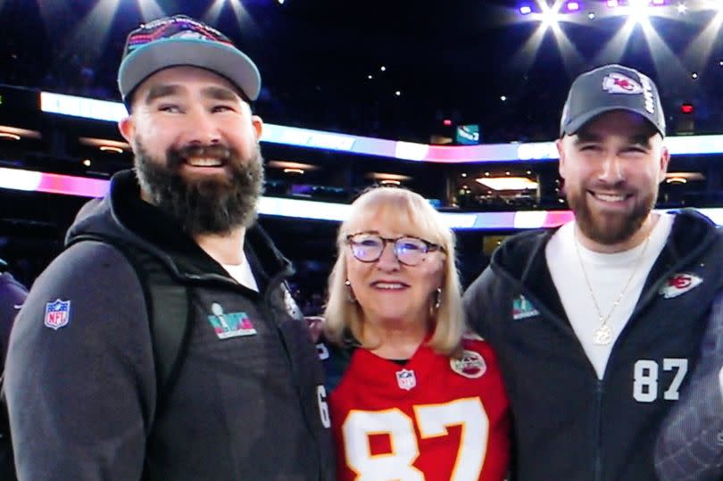 Kansas City Chiefs tight end Travis Kelce  right with his brother Philadelphia Eagles center Jason Kelce and their mother Donna Kelce