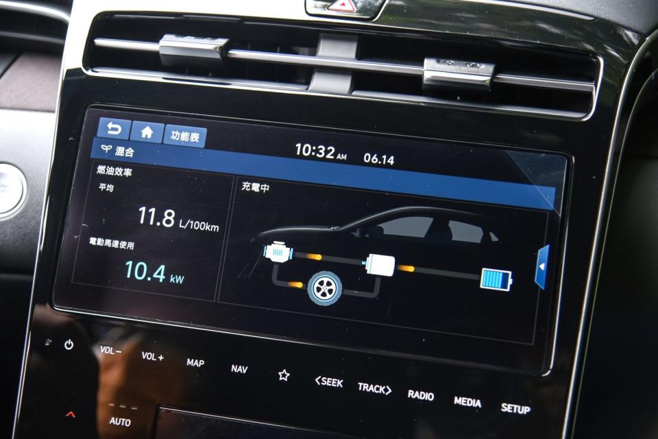 採駕駛導向設計的10.25吋觸控式多媒體主機，可支援Apple CarPlay & Android Auto連結功能，同時因應油電系統加入了能源流指示表。