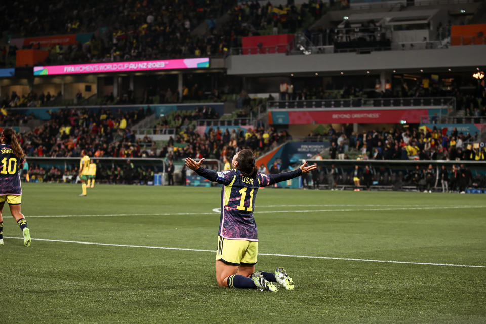 MELBOURNE, AUSTRALIA - AUGUST 8: Catalina Usme of Colombia celebrates after scoring her team's first goal during the FIFA Women's World Cup Australia & New Zealand 2023 Round of 16 match between Colombia and Jamaica at Melbourne Rectangular Stadium on August 8, 2023 in Melbourne, Australia. (Photo by Andrew Wiseman / DeFodi Images via Getty Images)