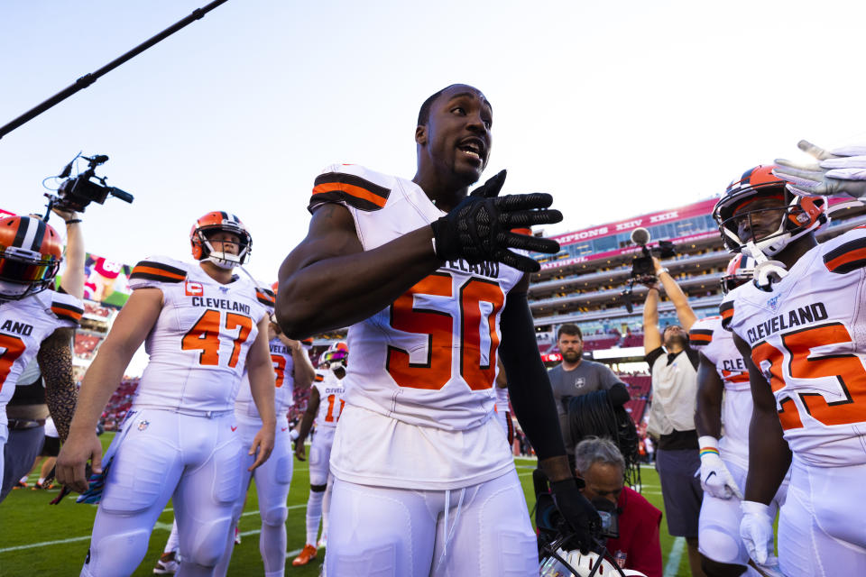 Seen here, Cleveland Browns defensive end Chris Smith (50) in a pregame huddle during an NFL regular season game in 2019. 