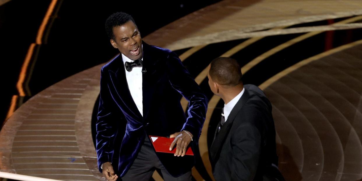 hollywood, california march 27 will smith appears to slap chris rock onstage during the 94th annual academy awards at dolby theatre on march 27, 2022 in hollywood, california photo by neilson barnardgetty images