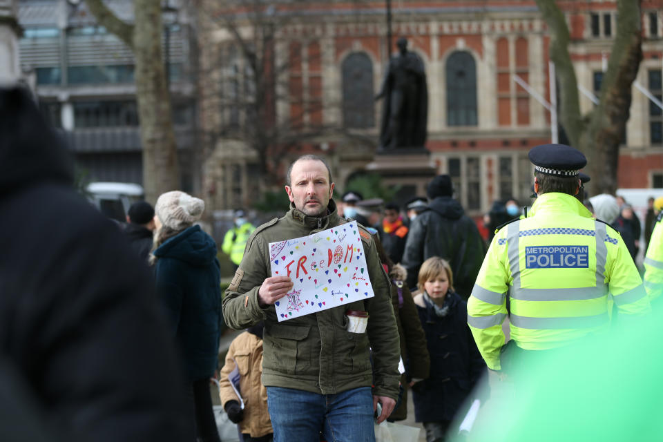 LONDON - UNITED KINGDOM - JANUARY 6: A man takes part in a protest against government's lockdown decision imposed to stem coronavirus (Covid-19) pandemic outside the House of Commons in London, United Kingdom on January 6, 2021. (Photo by Tayfun Salci/Anadolu Agency via Getty Images)