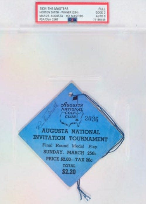 One of the last-known existing tickets for the 1934 Masters Tournament, shown in a protective sheath of high-impact plastic, is expected to go up for auction Dec. 6.