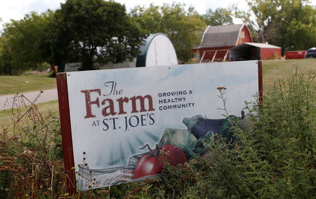 A 'Growing a Healthy Community' sign is seen at the entrance to the vegetable gardens across from Saint Joseph Mercy hospital in Ypsilanti, Michigan, U.S., August 23, 2017. Picture taken August 23, 2017. REUTERS/Rebecca Cook