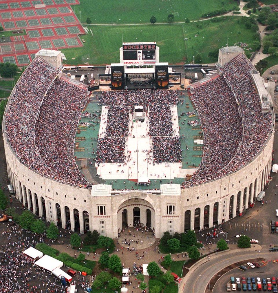 Ohio Stadium on the Ohio State University campus filled with fans before a George Strait concert in 1998.