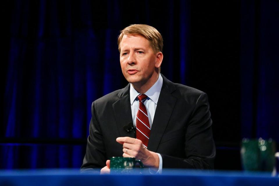 Democratic gubernatorial candidate Richard Cordray speaks at a debate at Cleveland State University, Monday, Oct. 8, 2018, in Cleveland.
