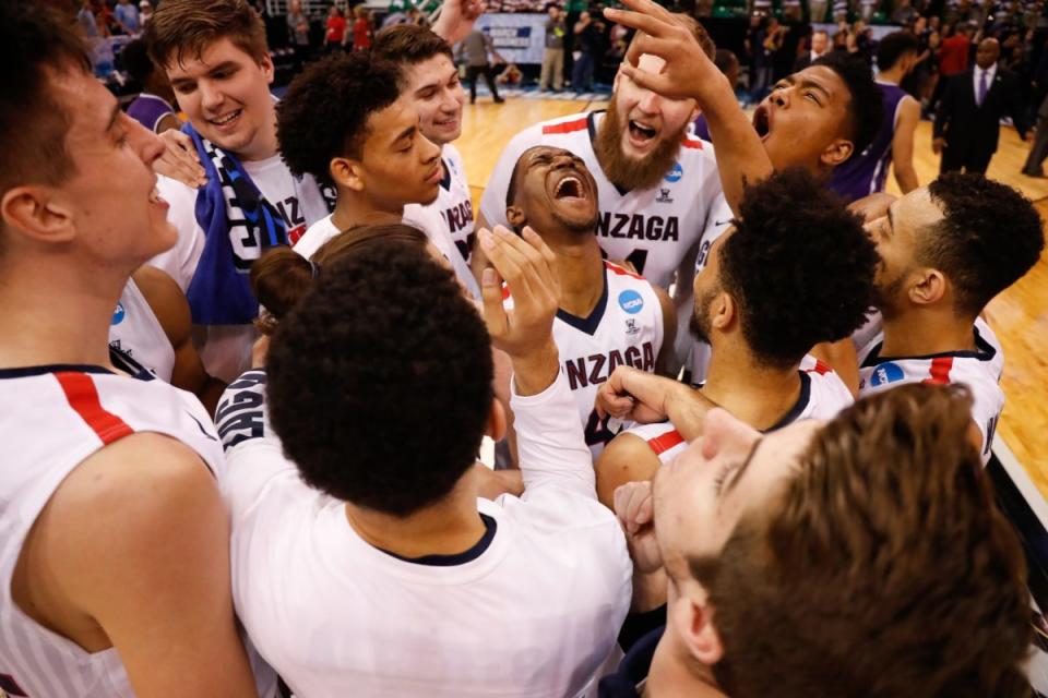 Gonzaga celebrates after their win over Northwestern during the 2017 NCAA Men's Basketball Tournament held at Vivint Smart Home Arena on March 18, 2017 in Salt Lake City, Utah. (Photo by Jack Dempsey/NCAA Photos via Getty Images)