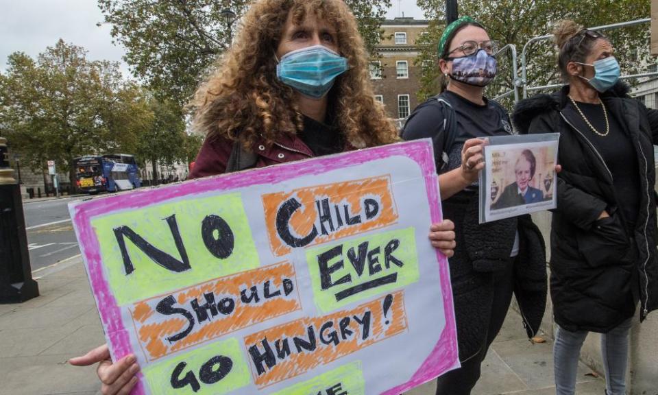 A protest outside Downing Street on 24 October against the government decision not to extend free school meals during half term and the Christmas holidays.