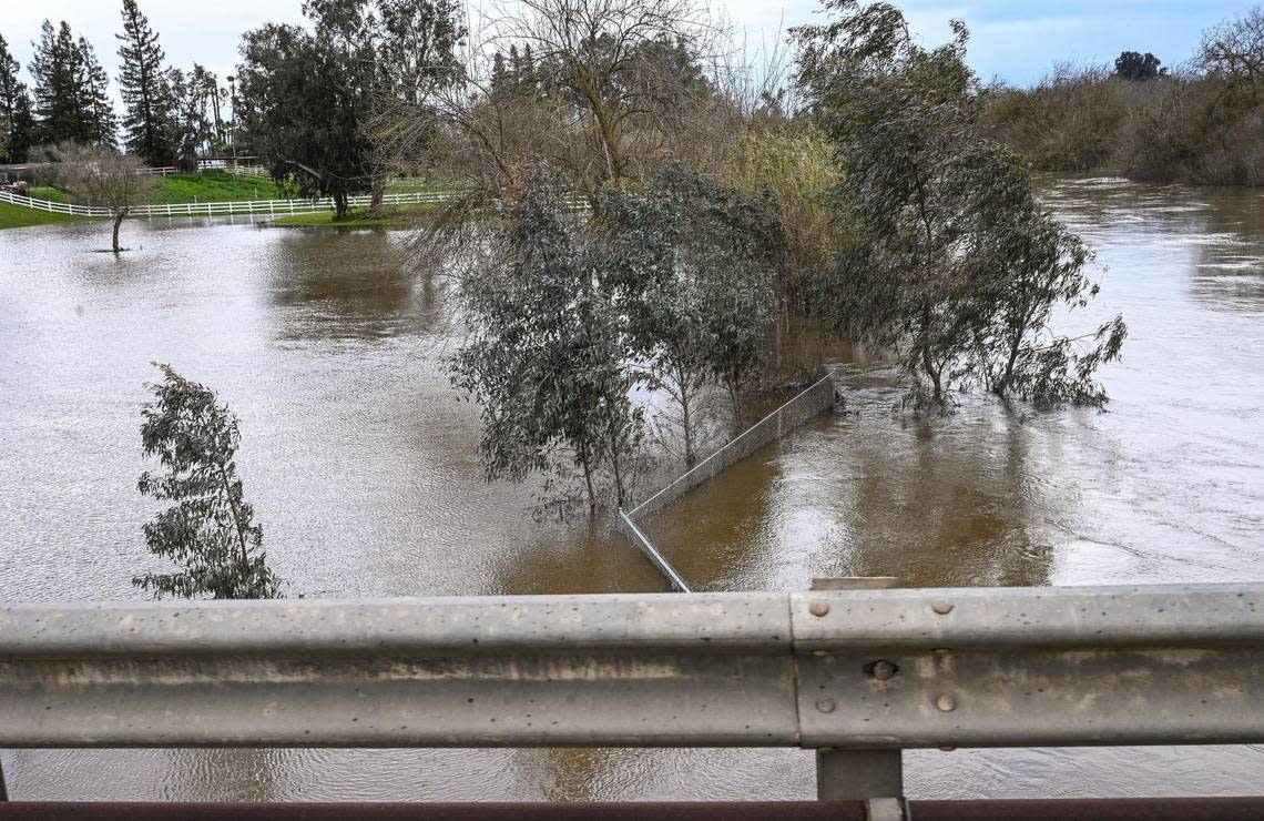 The Kings River floods low-lying farmland at 5 1/2 Avenue south of Kingsburg on Tuesday, March 21, 2023. The Kings River has continued to swell along its banks as a cavalcade of storms persists.