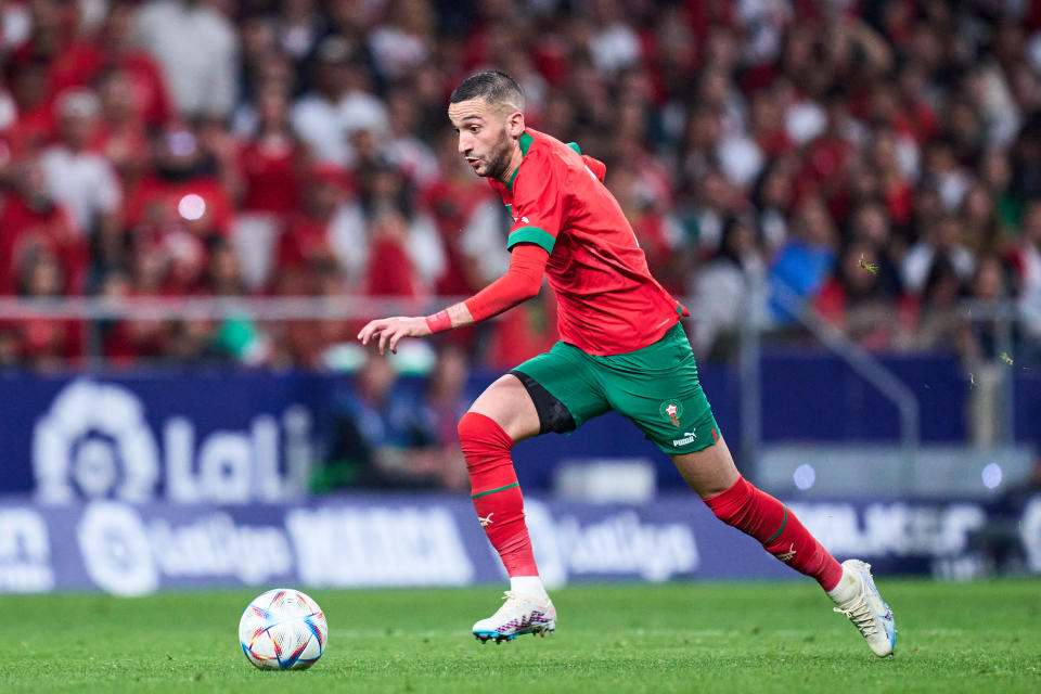 MADRID, SPAIN - MARCH 28: Hakim Ziyech of Morocco runs with the ball during the international friendly game between Morocco and Peru at Civitas Metropolitan Stadium on March 28, 2023 in Madrid, Spain. (Photo by Alex Caparros/Getty Images)