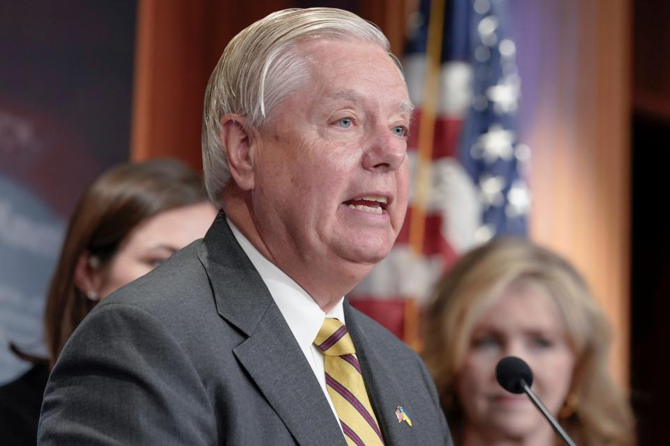 Sen. Lindsey Graham, R-S.C., speaks to the media during a press conference on the border, Wednesday, Sept. 27, 2023, on Capitol Hill in Washington.