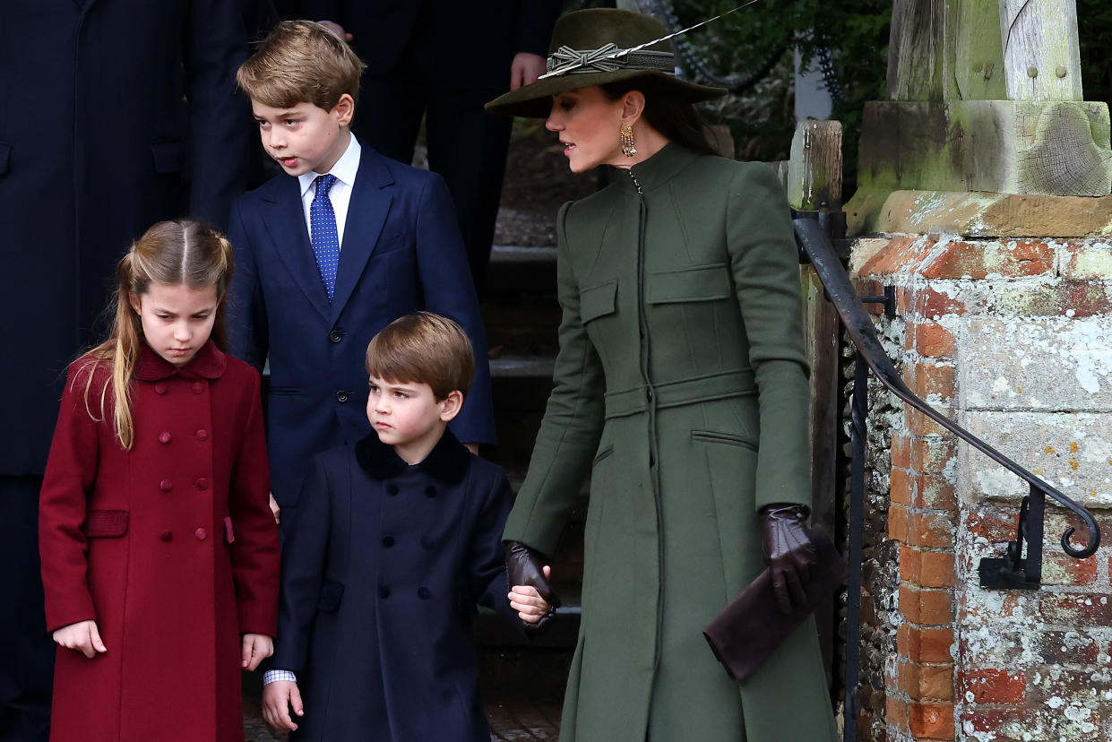 The Princess of Wales pictured with her children George, Charlotte and Louis. She recently revealed her cancer diagnosis. (Getty Images)