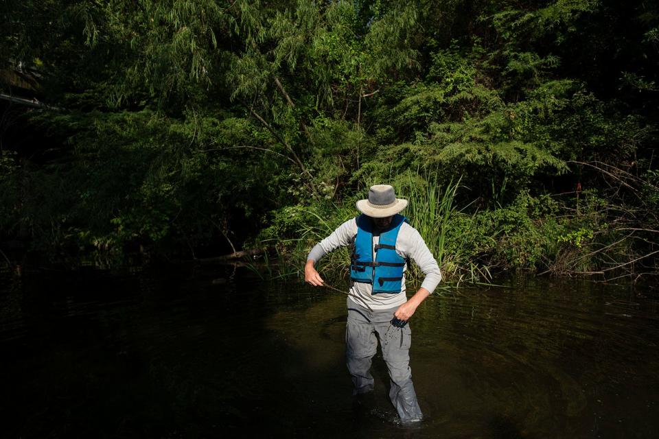 Brent Bellinger, a senior environmental scientist for Austin Watershed Protection, looks for samples of algae near Red Bud Isle on Lady Bird Lake in 2021.