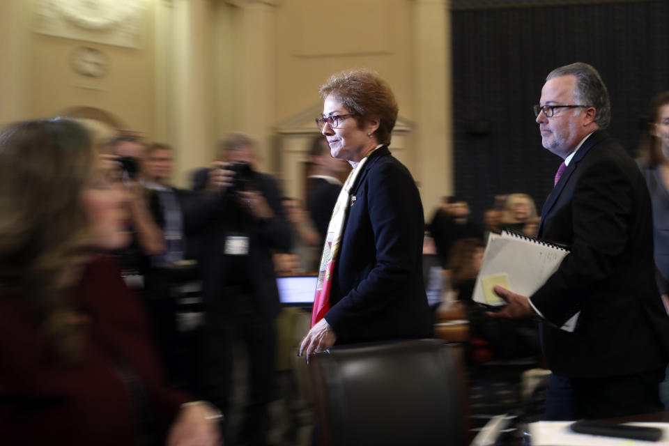 Former U.S. Ambassador to Ukraine Marie Yovanovitch leaves after testifying to the House Intelligence Committee on Capitol Hill in Washington, Friday, Nov. 15, 2019, during the second public impeachment hearing of President Donald Trump's efforts to tie U.S. aid for Ukraine to investigations of his political opponents. (AP Photo/Andrew Harnik)