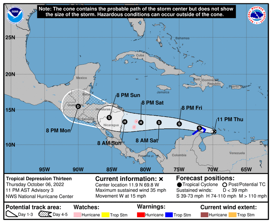 Tropical Depression 13 formed off the northern coast of South America Thursday night, pushing the system one step closer to strengthening to a hurricane as it nears Nicaragua. National Hurricane Center