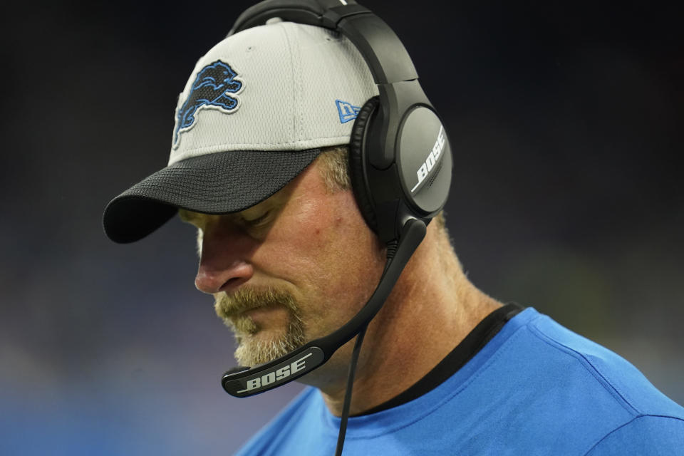 Detroit Lions head coach Dan Campbell walks the sideline during the first half of an NFL football game against the Cincinnati Bengals, Sunday, Oct. 17, 2021, in Detroit. (AP Photo/Paul Sancya)