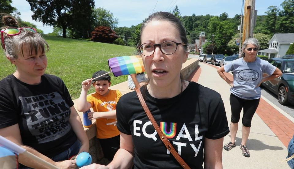 Kenna Weiner, Croton-Harmon schools parent, said the focus should be on school shootings instead of sex education. Rob Astorino, running for the Republican nomination for governor, held a press conference about what he calls "radical sex indoctrination" in New York's high schools at Croton-Harmon High School June 14, 2022. 