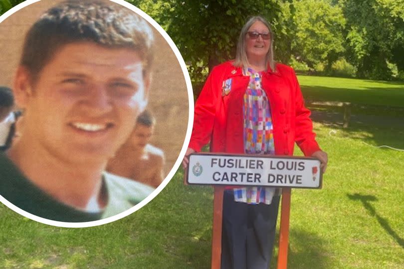 Beaming Denise Carter after the official road renaming of Clinic Drive to Fusilier Louis Carter in honour of her son, left,  described as a 'true hero of Nuneaton'