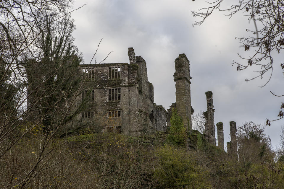 Berry Pomeroy, Devon, UK, 2 December 2015 - Showing Berry Pomeroy castle ruins, which is said to be haunted by several ghosts, the white and blue lady, showing the wall of the old manor house statley home of the Pomeroy family,