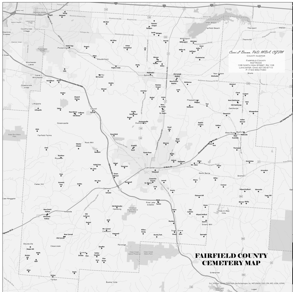 A map of cemetery locations in Fairfield County, OH, as put together by the Fairfield County Auditor's Office.