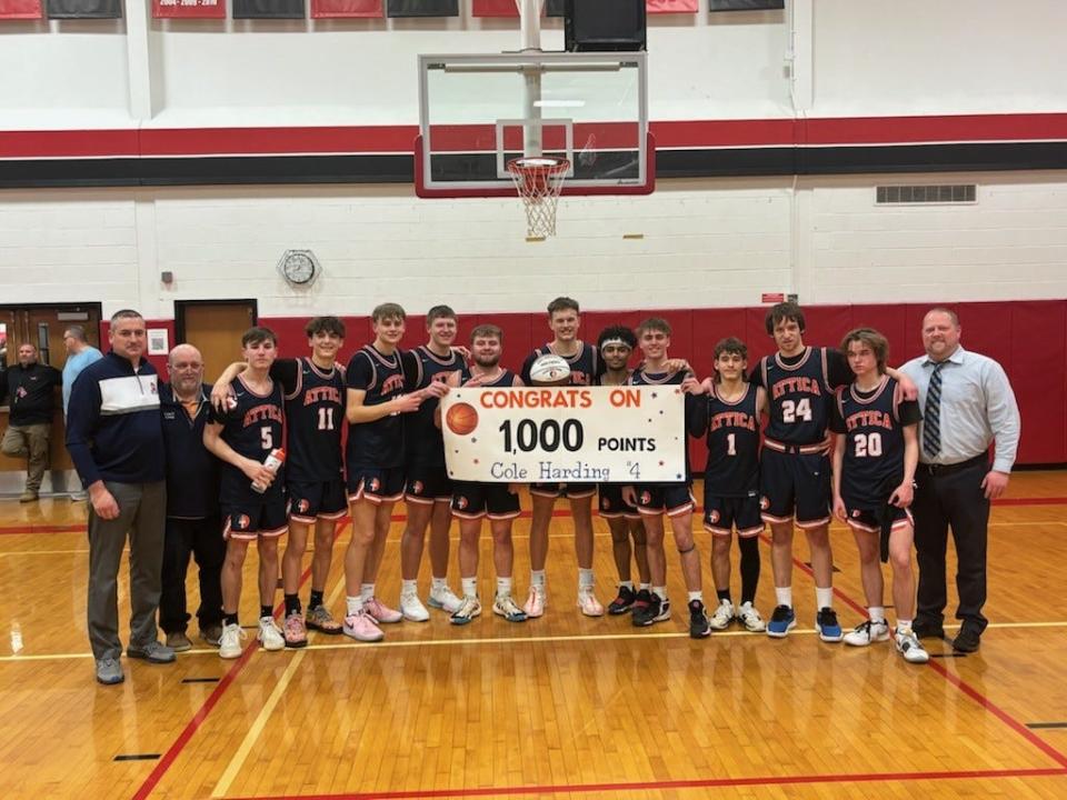 Attica basketball star Cole Harding surpassed 1,000 points during a 77-50 win over Holley on Wednesday, Feb. 14, 2024.