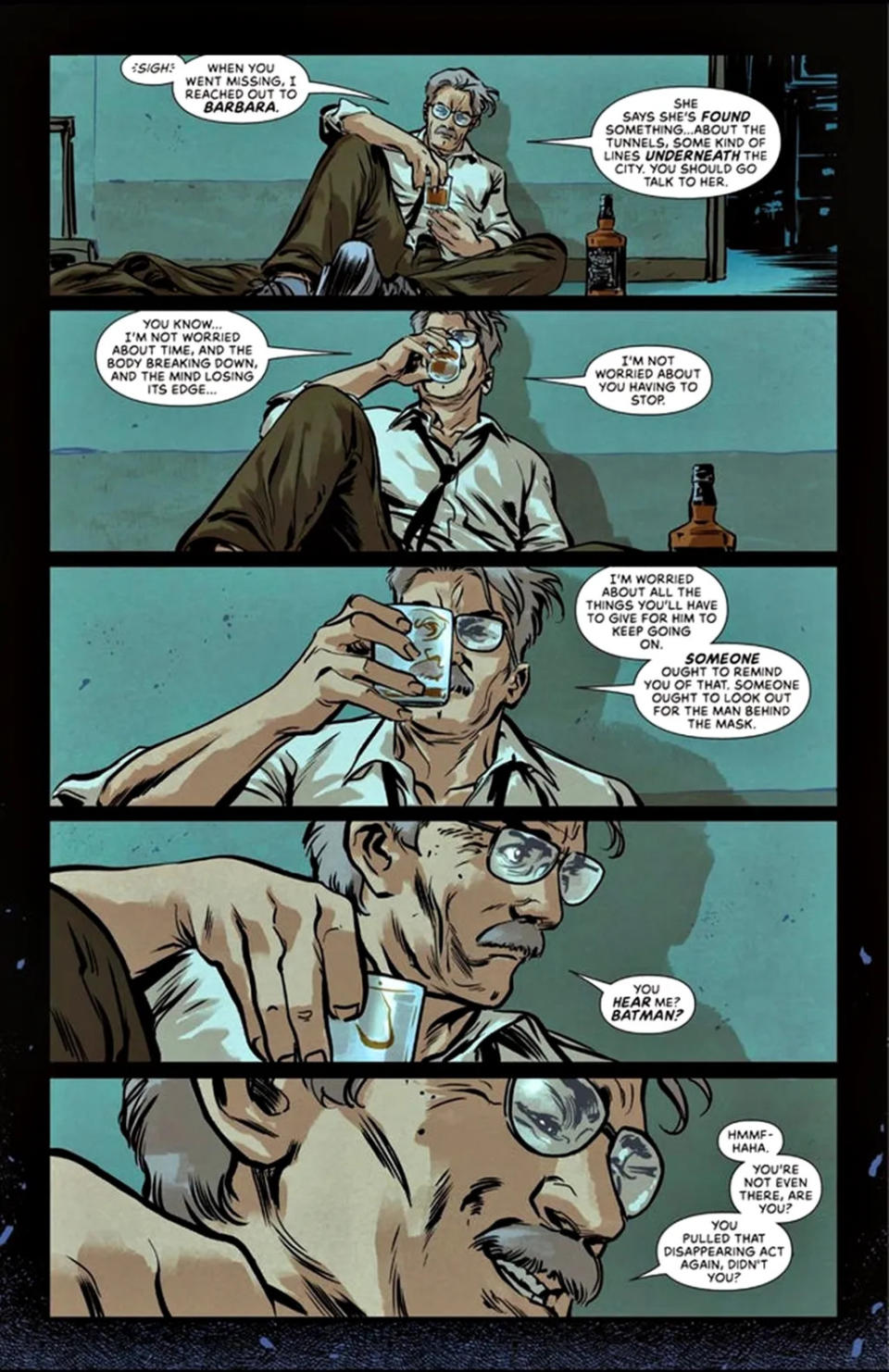 Gordon flagra o momento em que Batman tenta, mas não consegue, "desaparecer" (Imagem: Reprodução/DC Comics)