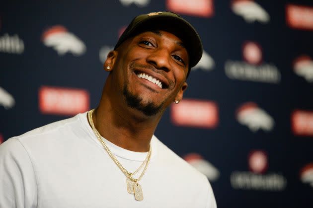 Aqib Talib speaking to the media in 2016 when he played for the Denver Broncos. (Photo: John Leyba via Getty Images)