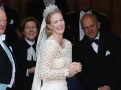 <p>Princess Nathalie zu Sayn-Wittgenstein-Berleburg of Denmark forgot her bouquet and had to wait almost 10 minutes for it to arrive before she walked down the aisle. This is a photo of her waiting - fortunately, she doesn't look too stressed.</p>