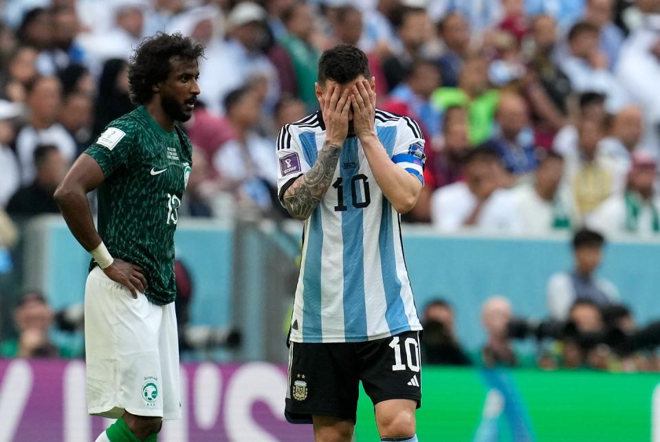 Argentina's Lionel Messi reacts disappointed during the World Cup group C football match between Argentina and Saudi Arabia at the Lusail Stadium in Lusail, Qatar, Tuesday, Nov. 22, 2022. (AP Photo/Natacha Pisarenko)