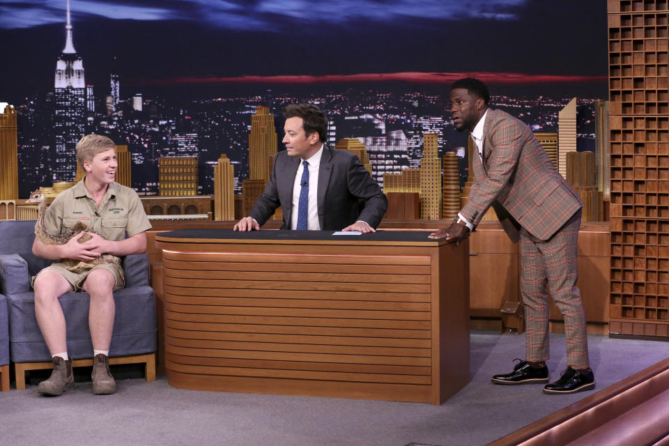 Robert Irwin left Jimmy Fallon and comedian Kevin Hart absolutely terrified when he brought out some exotic animals to the stage. Source: Getty