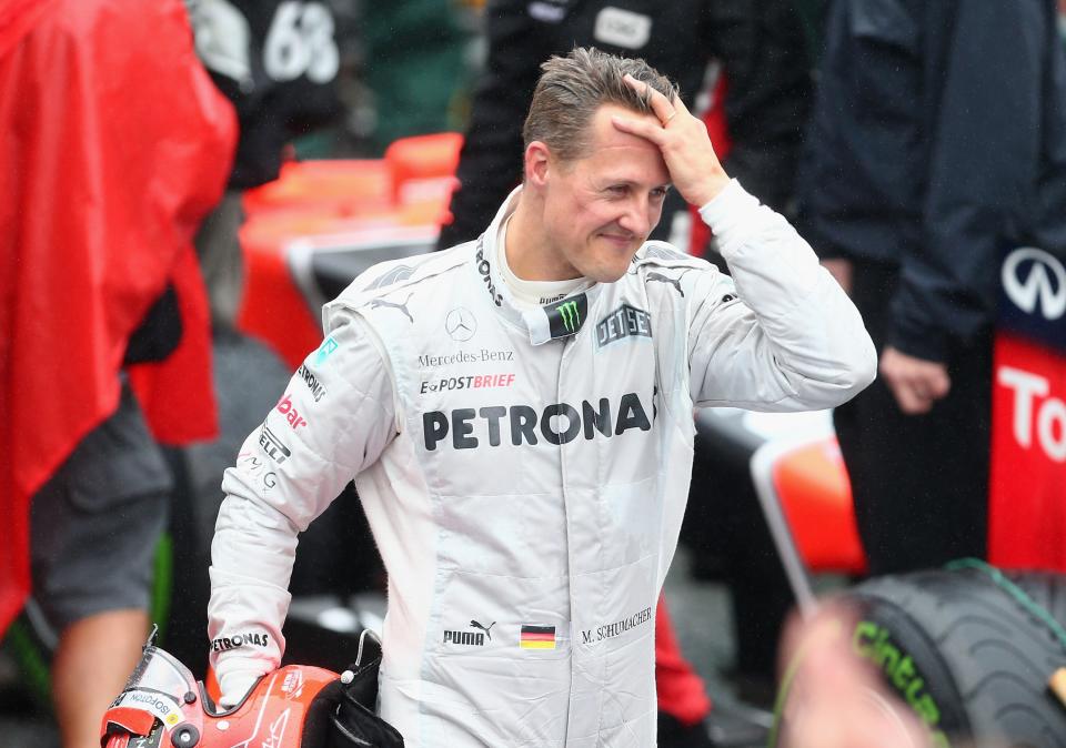 SAO PAULO, BRAZIL - NOVEMBER 25: Michael Schumacher of Germany and Mercedes GP reacts in parc ferme after finishing his last F1 race following the Brazilian Formula One Grand Prix at the Autodromo Jose Carlos Pace on November 25, 2012 in Sao Paulo, Brazil. (Photo by Clive Mason/Getty Images)