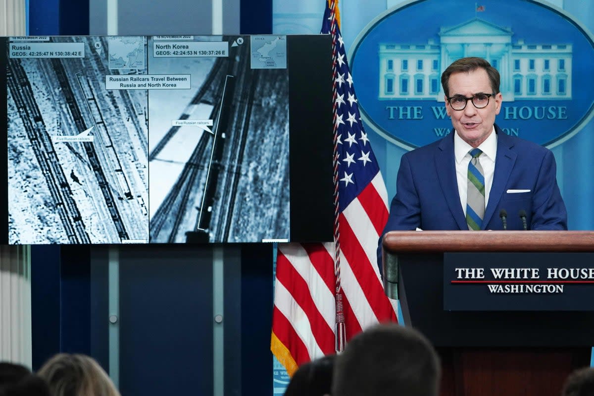 White House spokesperson John Kirby presented images reportedly showing railcars traveling between North Korea and Russia (AFP via Getty Images)