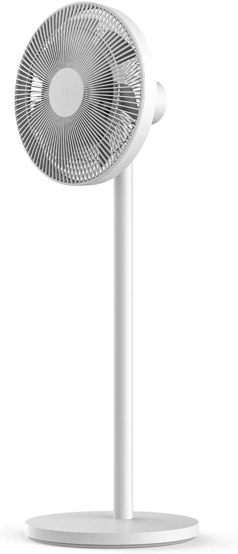 The tall white MI Smart Standing Pedestal Fan 2 ACCS stands on a narrow white pedestal with white floor stand.