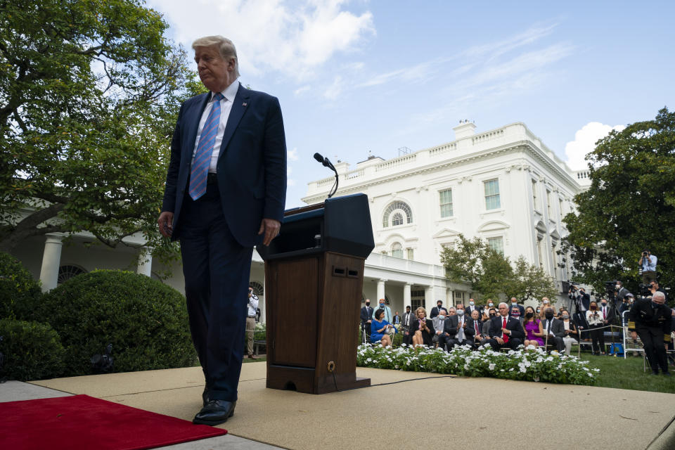 President Donald Trump leaves after an event about coronavirus testing strategy, in the Rose Garden of the White House, Monday, Sept. 28, 2020, in Washington. (AP Photo/Evan Vucci)