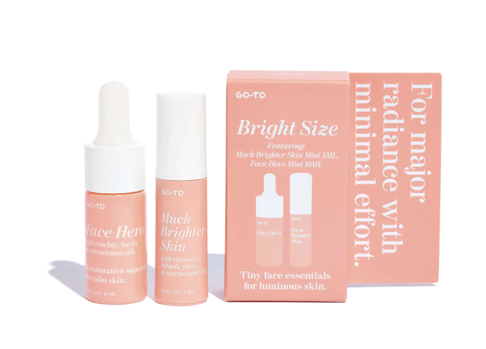 Bottles and pack of the Bright Size duo skincare products on a white background