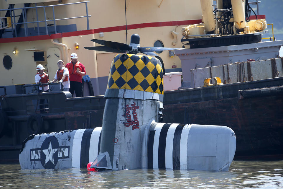 <p>Officials remove a plane out of the Hudson River a day after it crashed, May 28, 2016, in North Bergen, N.J. The World War II vintage P-47 Thunderbolt aircraft crashed into the river Friday, May 27, killing its pilot. (AP Photo/Julio Cortez) </p>