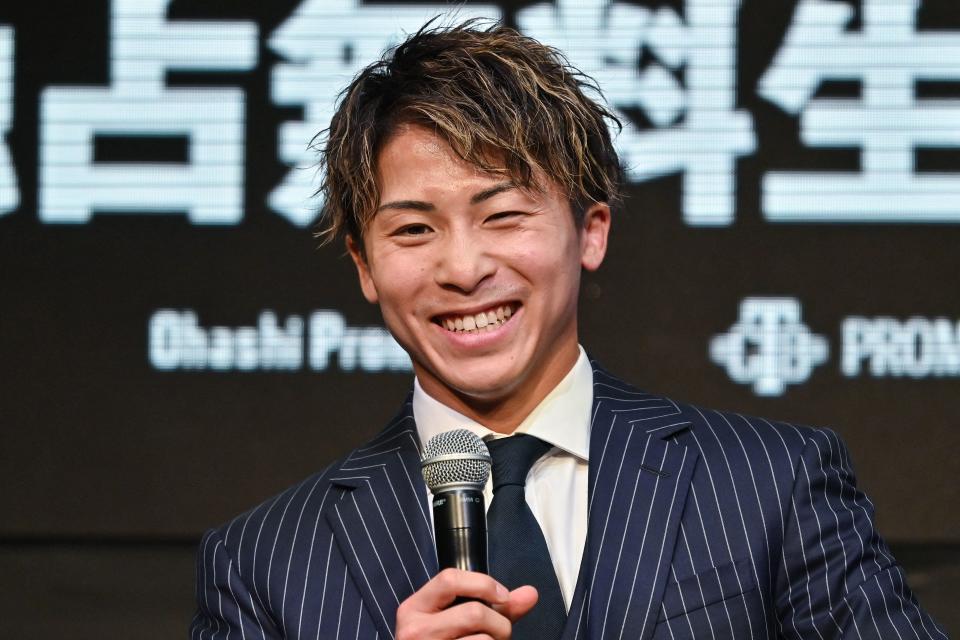 Japanese boxer Naoya Inoue takes part in a press conference in Tokyo on March 6, 2023, to announce he will fight for two world titles in his super-bantamweight boxing debut when he takes on Stephen Fulton of the US in May. (Photo by Richard A. Brooks / AFP) (Photo by RICHARD A. BROOKS/AFP via Getty Images)