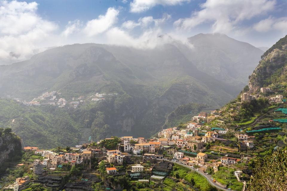 Aerial View Of Townscape And Mountains Against Sky, Ravello, Italy