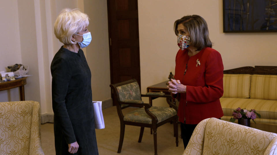 In an image provided by CBS News and "60 Minutes," House Speaker Nancy Pelosi, D-California, right, is interviewed by correspondent Leslie Stahl, Friday, Jan. 8, 2021, at the U.S. Capitol, in Washington. It was Pelosi's first interview since the insurrection at the Capitol on Wednesday, Jan. 6. The interview aired Sunday, Jan. 10 on "60 Minutes." (60 Minutes/CBSNews via AP)