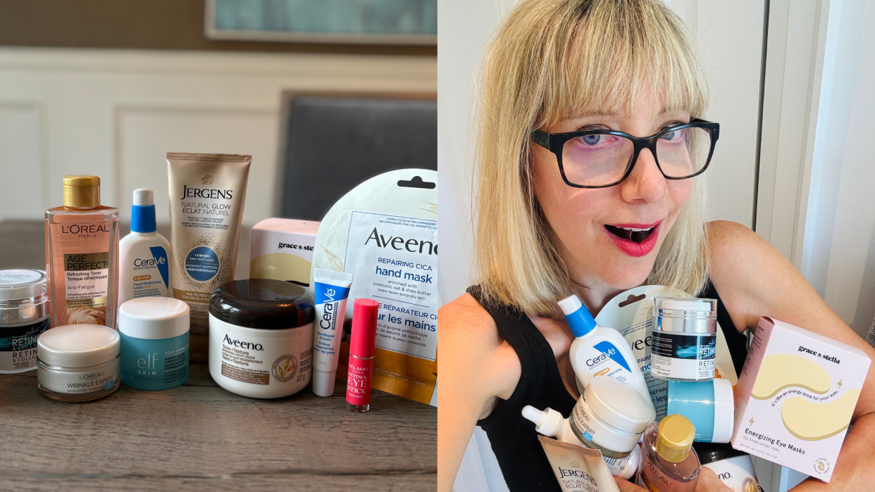 woman holding anti-aging products, split screen of amazon drugstore beauty products, l'oreal toner, cerave moisturizer, aveeno hand mask, and blonde woman in glasses holding beauty products